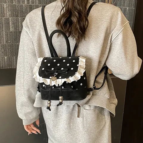 Mochila de Mujer con Lazo Dulce y Lunares Ribete de Encaje Colgante de Corazón Mini Mochila de Cuero PU Estilo Lolita Bolso para Niñas Viaje