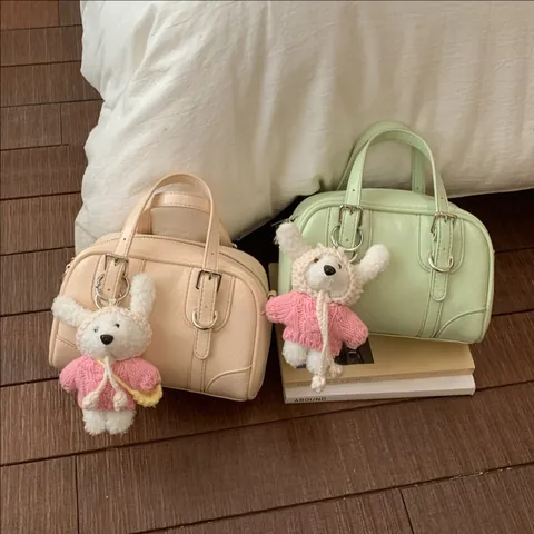 Fashion Glossy Synthetic Leather Boston Bag With Plush Bunny Pendant Retro Minimalist Shoulder Crossbody Bowling Bag For Women