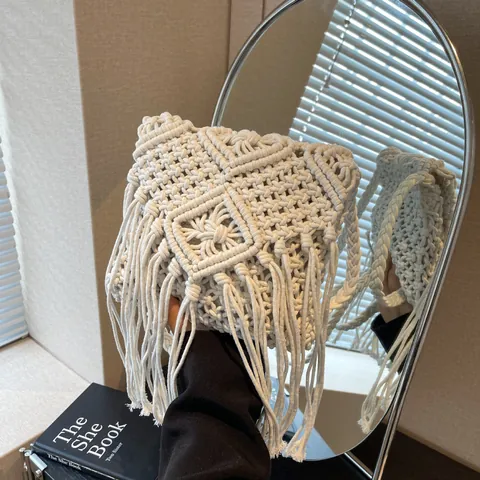 Bohemian Handwoven Macrame Tassel Crossbody Bag For Women Cotton Rope Diamond Pattern Small Square Shoulder Bag Beach Vacation Travel