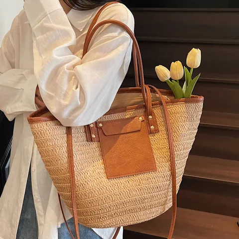 Damen Stroh Tragetasche Große Kapazität PU Leder Tasche Strand Urlaub Täglich Schulter Handtasche Mode Einfaches Design
