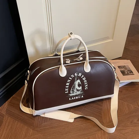 Vintage American PU Leather Duffle Bag Large Capacity Contrast Color Handbag Sailing Print Detachable Shoulder Strap Travel