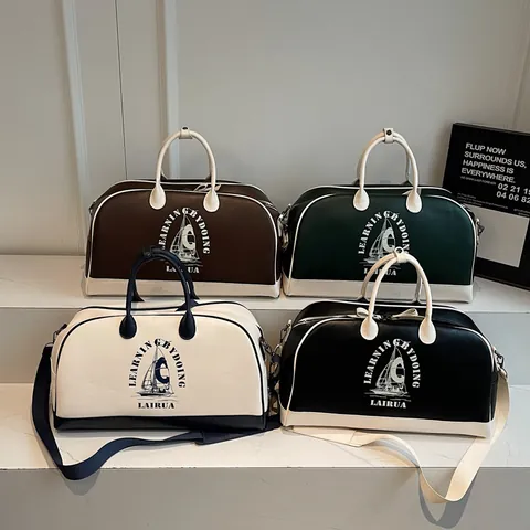Vintage American PU Leather Duffle Bag Large Capacity Contrast Color Handbag Sailing Print Detachable Shoulder Strap Travel