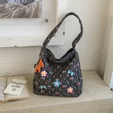 Women Casual Denim Tote Bag Large Capacity Shoulder Bag With Flower Bow Pony Pendant Patchwork Bag For School Commute