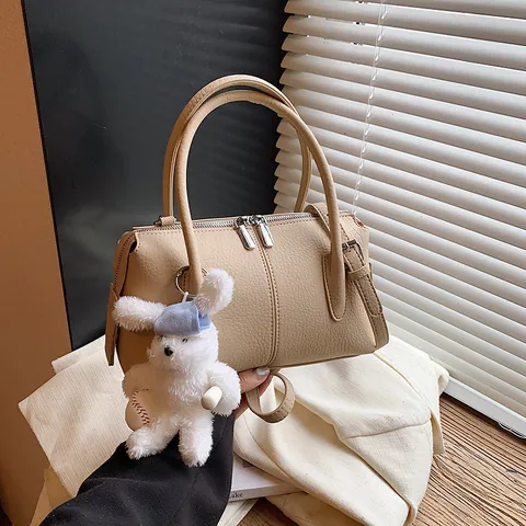 Women PU Leather Boston Bag Litchi Grain Top Handle Crossbody Shoulder Bag With Plush Rabbit Pendant Solid Color Fashion Handbag