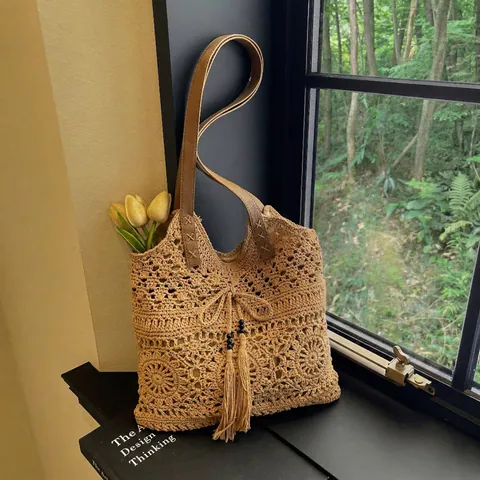 Opengewerkte Gehaakte Geweven Schoudertas Voor Dames Grote Capaciteit Kwastje Tote Bag Boheems Vakantie Strand Strotas
