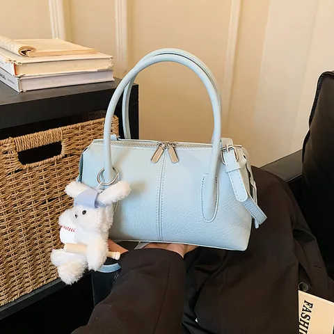 Women PU Leather Boston Bag Litchi Grain Top Handle Crossbody Shoulder Bag With Plush Rabbit Pendant Solid Color Fashion Handbag