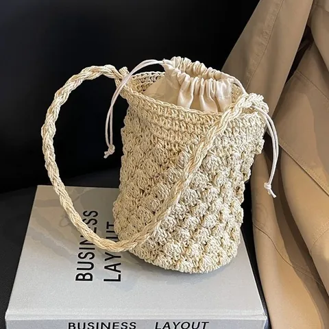 Borsa a Secchiello in Paglia Intrecciata a Mano Francese per Donna Estate Spiaggia Vacanza Borsa a Tracolla Con Coulisse