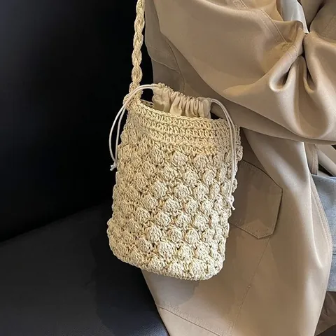Borsa a Secchiello in Paglia Intrecciata a Mano Francese per Donna Estate Spiaggia Vacanza Borsa a Tracolla Con Coulisse