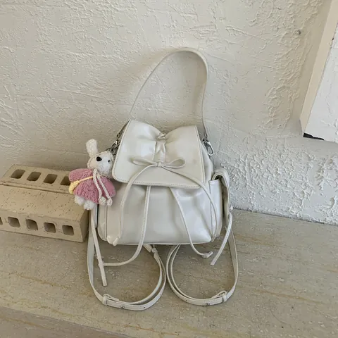Korean Niche Design Women PU Leather Backpack With Bow Ribbon Drawstring Plush Animal Pendant For Casual School Students Gift