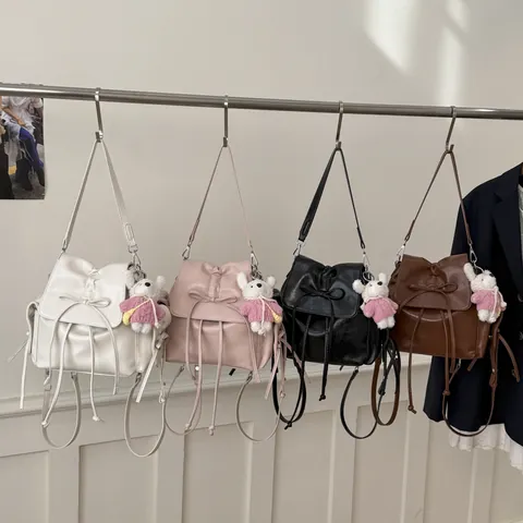 Korean Niche Design Women PU Leather Backpack With Bow Ribbon Drawstring Plush Animal Pendant For Casual School Students Gift