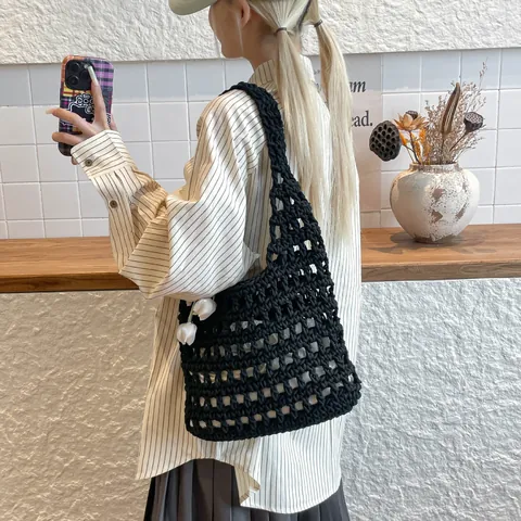 Women's Handmade Crochet Hollow Tote Bag Large Capacity Braided Cotton Rope Shoulder Bag With Tulip Pendant For Beach Vacation