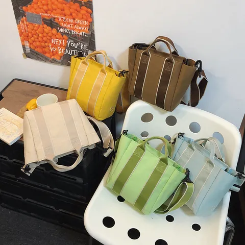 Women's Casual Contrast Color Canvas Bucket Bag Striped Sunflower Embroidery Tote Bag With Adjustable Shoulder Strap Handbag