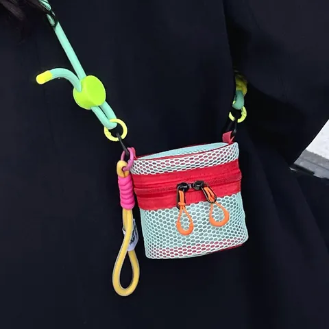 Mini Netzgewebe Patchwork Umhängetasche Für Damen Trendy Buntes Seil Gurt Kleine Tasche Für Kopfhörer Lippenstift