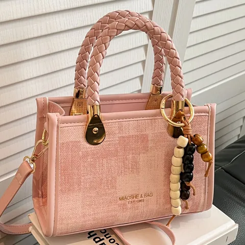 Bolso de Hombro Vintage para Mujer Con Asa Trenzada de Cuero PU Tela Bolso de Bandolera Pequeño Cuadrado Con Colgante