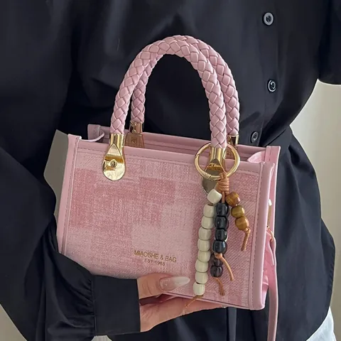 Bolso de Hombro Vintage para Mujer Con Asa Trenzada de Cuero PU Tela Bolso de Bandolera Pequeño Cuadrado Con Colgante