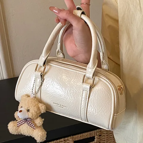 Niche Women Pleated PU Leather Boston Bag Small Cylindrical Handbag With Teddy Bear Pendant Casual Shoulder Crossbody Bag
