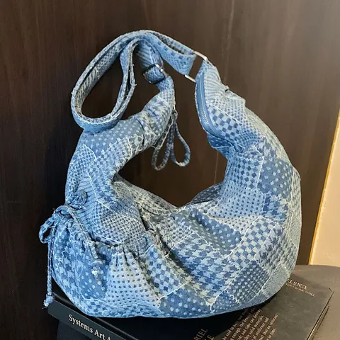 Women's Denim Patchwork Hobo Bag Large Capacity Tote Messenger Bag Casual Checkerboard Houndstooth Shoulder Bag Crossbody Bag
