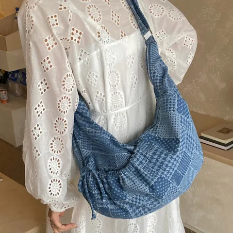 Women's Denim Patchwork Hobo Bag Large Capacity Tote Messenger Bag Casual Checkerboard Houndstooth Shoulder Bag Crossbody Bag