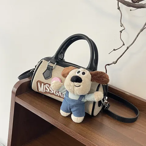 Mini Bolso Boston para Mujer Denim PU Empalme Lindo Perro Dibujos Animados Colgante Peluche Bordado Letras Bolso de Mano