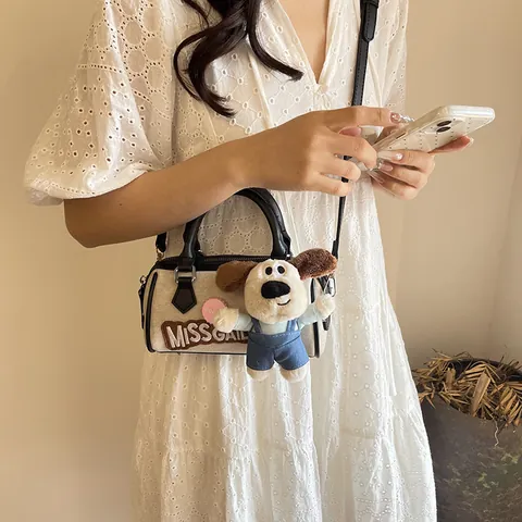 Mini Bolso Boston para Mujer Denim PU Empalme Lindo Perro Dibujos Animados Colgante Peluche Bordado Letras Bolso de Mano