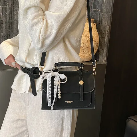 Women Vintage PU Leather Small Square Crossbody Bag Fashion Lace Pearl Bow Handbag Daily Versatile Shoulder Bag For Ladies