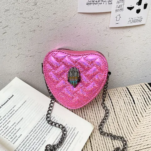 Heart Shaped Quilted Glitter Crossbody Bag With Eagle Head Metal Chain Shoulder Bag For Women Fashion Party Small PU Handbag