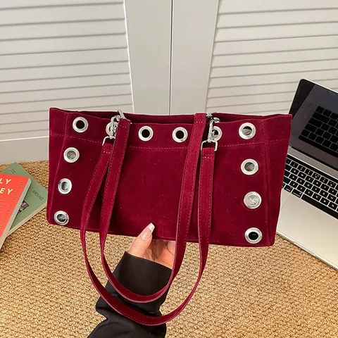 Vintage Matte PU Leather Underarm Baguette Bag For Women Metal Eyelet Decor Fashion Solid Color Shoulder Bag Daily Purse