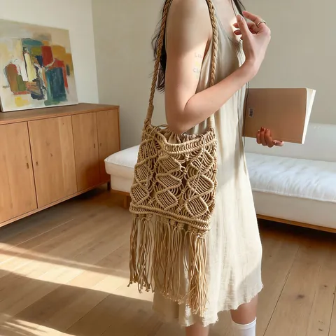 Böhmische Handgeflochtene Baumwollseil Quasten Schultertasche Damen Sommer Strand Urlaub Stroh Stil Umhängetasche Mit Kordelzug