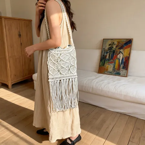 Böhmische Handgeflochtene Baumwollseil Quasten Schultertasche Damen Sommer Strand Urlaub Stroh Stil Umhängetasche Mit Kordelzug