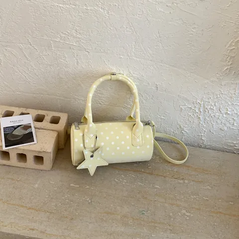 Women Polka Dot Barrel Bag Cute Bowling Handbag Retro PU Leather Crossbody Bag With Star Pendant Top Handle Adjustable Strap
