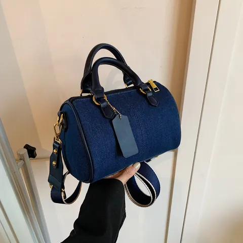 Γυναικεία Τσάντα Boston Denim Patchwork Vintage Χρωματική Αντίθεση Κυλινδρική Τσάντα Χειρός Με Ρυθμιζόμενο Φαρδύ Λουρί Ώμου