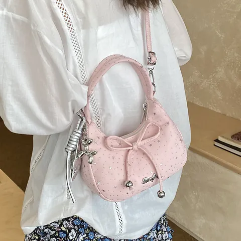 Sac Bandoulière Hobo Doux avec Nœud et Imprimé Étoiles pour Femmes Style Coréen Y2K Sac à Épaule Croissant en Toile avec Pendentif Pentagramme