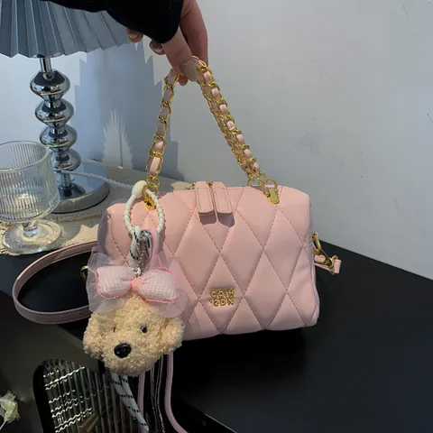 Borsa a Tracolla Trapuntata da Donna Con Catena Dorata Piccola Borsa a Mano in Pelle PU Elegante Borsa a Spalla Romboidale Ciondolo Cucciolo