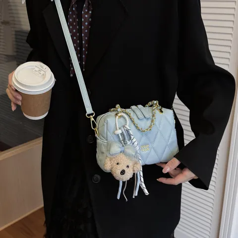 Borsa a Tracolla Trapuntata da Donna Con Catena Dorata Piccola Borsa a Mano in Pelle PU Elegante Borsa a Spalla Romboidale Ciondolo Cucciolo
