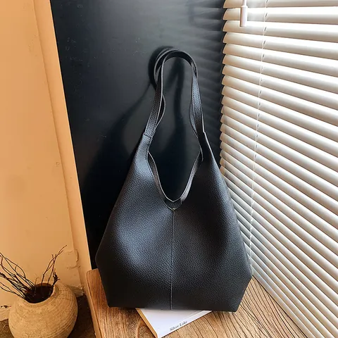 Large Capacity PU Leather Tote Bag Minimalist Litchi Grain Shoulder Bag For Women Daily Work Office Commuter Handbag