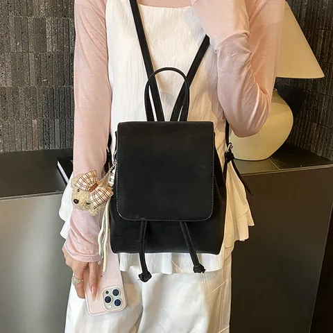 Vintage Women PU Leather Mini Backpack Large Capacity Casual Travel Daypack With Plush Bear Charm Drawstring Flap Bag