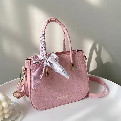 Women Fashion PU Leather Small Square Bag Litchi Texture Handbag With Decorative Satin Scarf Top Handle Crossbody Shoulder Bag For Ladies Daily Match