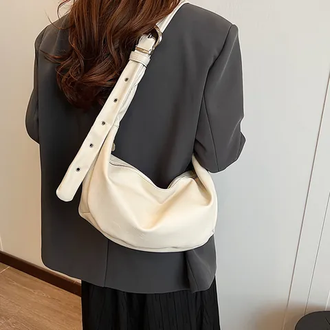 Bolso Hobo de Cuero PU Vintage para Mujer Color Sólido Casual Bolso de Axila Forma Dumpling Con Correa de Ojales Ajustable