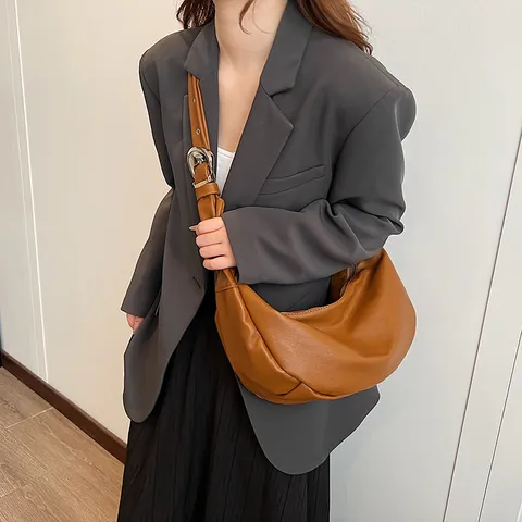 Bolso Hobo de Cuero PU Vintage para Mujer Color Sólido Casual Bolso de Axila Forma Dumpling Con Correa de Ojales Ajustable