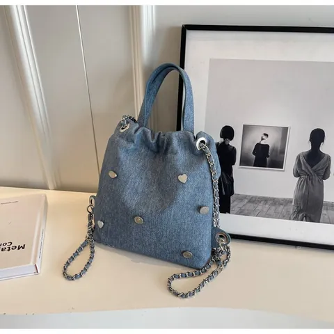 Borsa a Secchiello in Denim Vintage per Donna Borchie a Cuore Coulisse Borsa Tote Con Tracolla a Catena Borsa a Tracolla Casual Moda