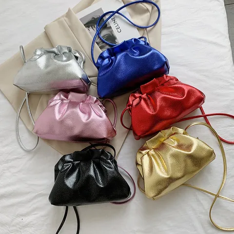 Metallic Lychee Pattern Pleated Crossbody Bag For Women Chic Drawstring Pouch Bag Elegant Minimalist Shoulder Bag