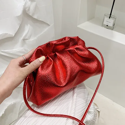 Metallic Lychee Pattern Pleated Crossbody Bag For Women Chic Drawstring Pouch Bag Elegant Minimalist Shoulder Bag