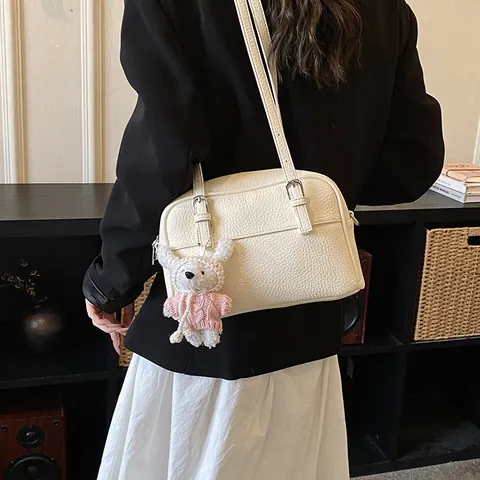 Women's Korean Style Pebbled PU Leather Shoulder Bag Minimalist Crossbody Bag With Cute Plush Bunny Pendant Commuter Square Handbag