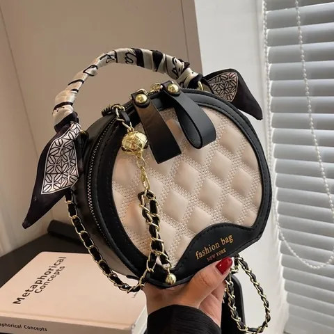 Fashion Women Quilted Round Handbag PU Leather Small Circle Crossbody Bag With Scarf Handle Metal Chain Shoulder Bag