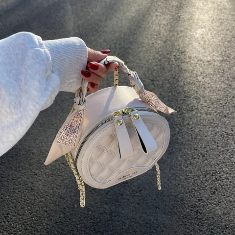 Fashion Women Quilted Round Handbag PU Leather Small Circle Crossbody Bag With Scarf Handle Metal Chain Shoulder Bag