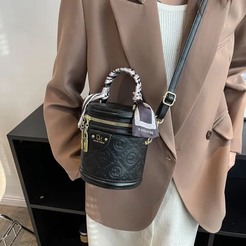Women Fashion Cylinder Crossbody Bag Embossed PU Leather Bucket Bag With Scarf Handheld Small Round Single Shoulder Bag