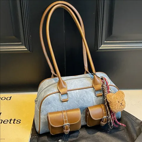 Vintage Pillow Underarm Bag For Women Retro PU Leather Denim Style Shoulder Bag Double Pocket Casual Commuting Handbag