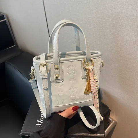 Women Fashion Star Embossed PU Leather Mini Tote Bag Contrast Color Small Crossbody Bucket Bag With Removable Strap Handbag