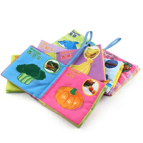 Infant Soft Cloth Book Educational Sensory Toy Bilingual Cognitive Learning Crinkle Book With Hanging Strap For Baby Toddler