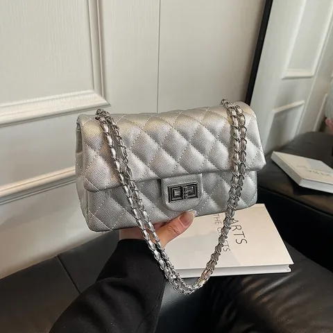 Borsa a Spalla Donna Trapuntata con Catena Fantasia a Rombi Borsa a Tracolla in Pelle PU con Serratura in Metallo Elegante